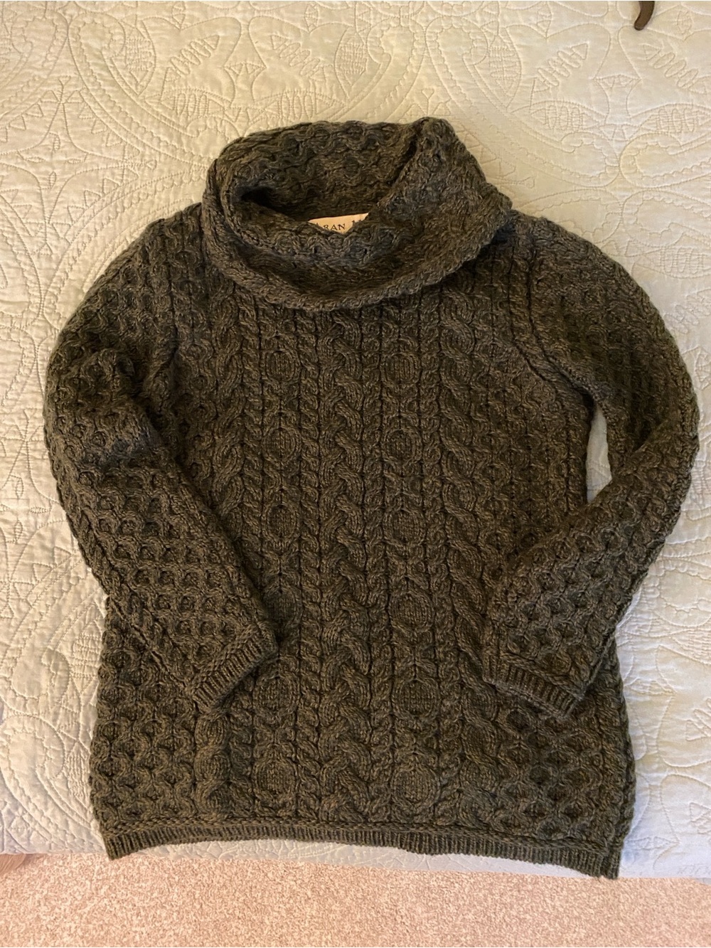 Irish Merino Wool Cozy Cable Knit Cowl Neck Sweater - Dark Olive